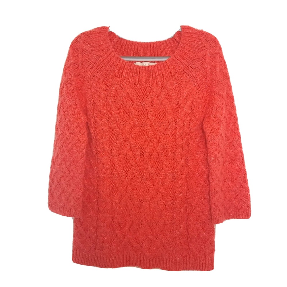 LOFT Ann Taylor Sweater S Orange Cable Knit Tunic Crochet‎ Pullover 3/4 Slev